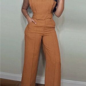 SHEIN 2 piece cap sleeve crop top and casual pocket design straight pants set